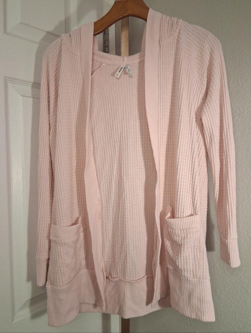 Mudd Light Pink Waffle Knit Cardigan Long Sweater Hooded Medium